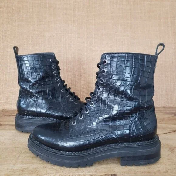 Napoleoni Black Leather Croc-Emboss Lace Up Combat Moto Chunky Sole EU 38 / US 8